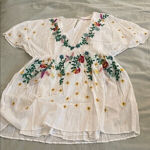 Zara White Blouse with Colorful Floral Embroidery